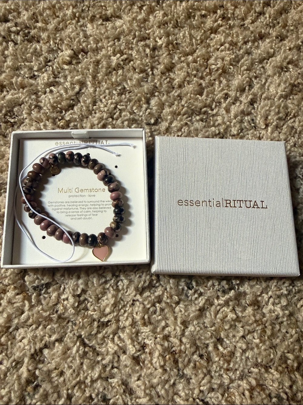 Multi-Gemstone Pink and Brown Beaded Bracelet with Heart Charm